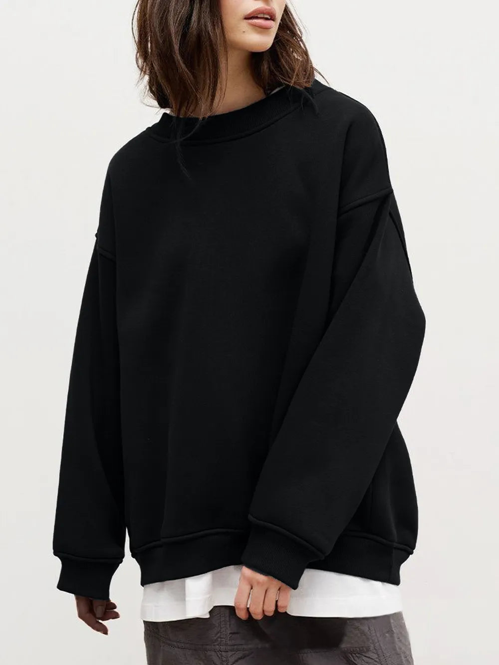 Round Neck Dropped Shoulder Long Sleeve Sweatshirt - Black