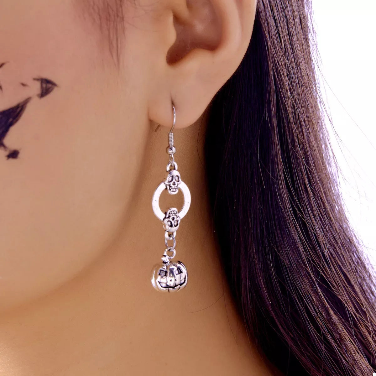 Halloween Pumpkin Dangle Earrings - Silver One Size
