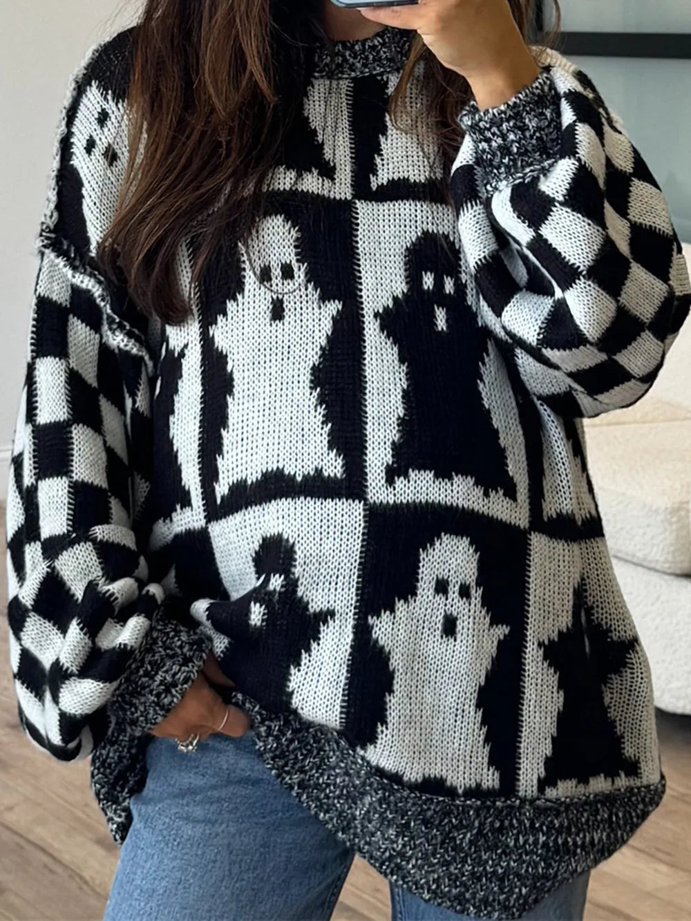 Ghost Dropped Shoulder Long Sleeve Sweater - Black