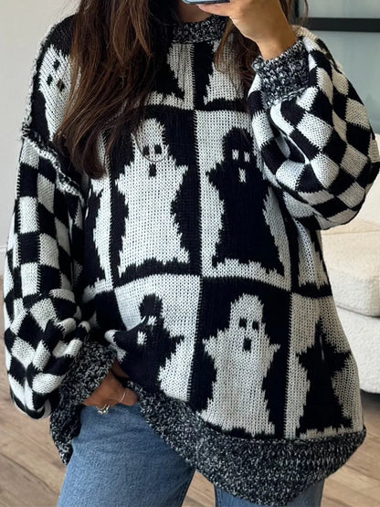 Ghost Dropped Shoulder Long Sleeve Sweater - Black