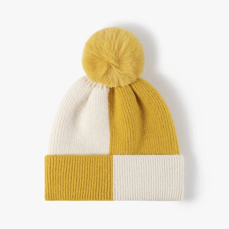 Color Block Knit Hat with Pom-pom - Yellow One Size