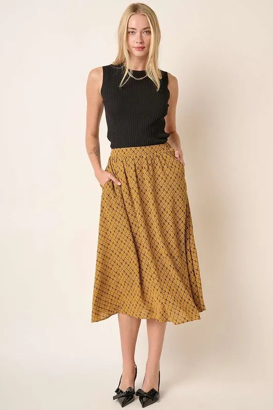 Printed Midi Skirt - Mustard