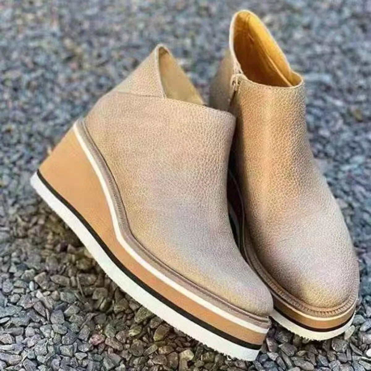 Ankle Wedge Boots with Zipper - Khaki