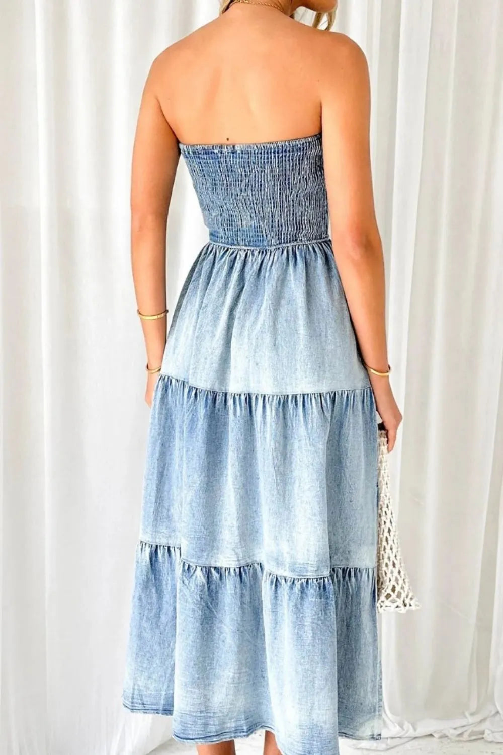 Smocked Tube Slit Tiered Denim Dress -