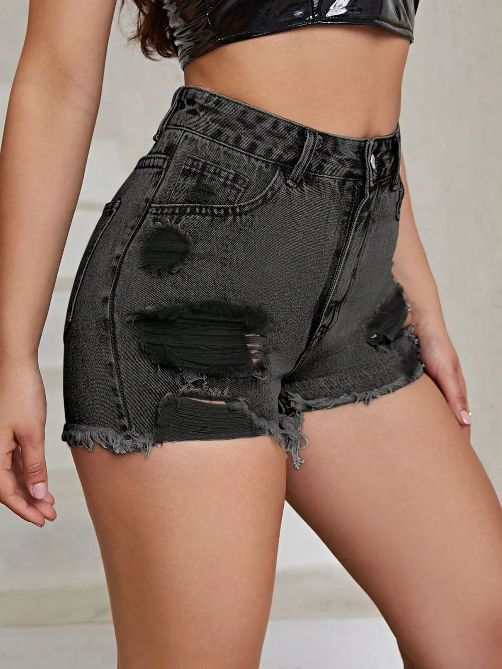 Distressed Raw Hem High Rise Denim Shorts -