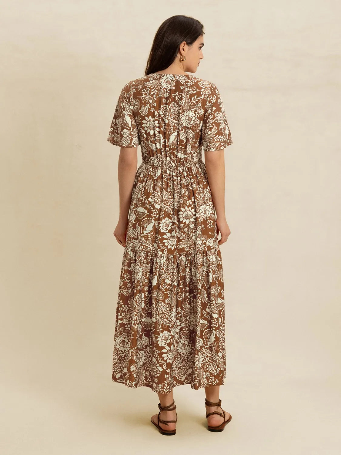 Lace Detail Printed Short Sleeve Midi Dress -
