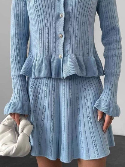 Ruffle Trim Knit Cardigan and Skirt Set -