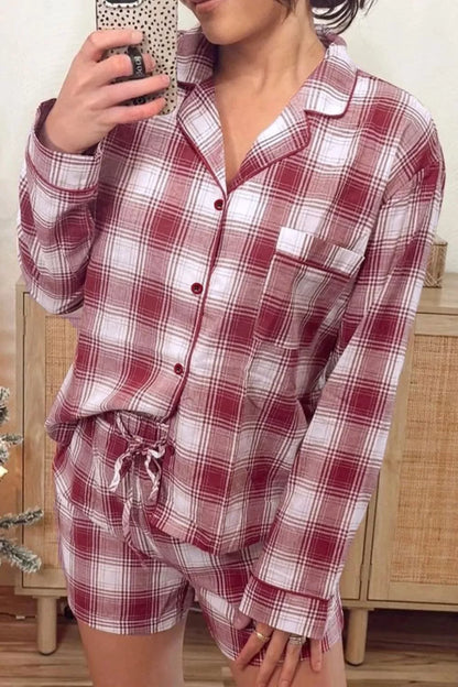 Plaid Long Sleeve Shirt and Drawstring Shorts Lounge Set -