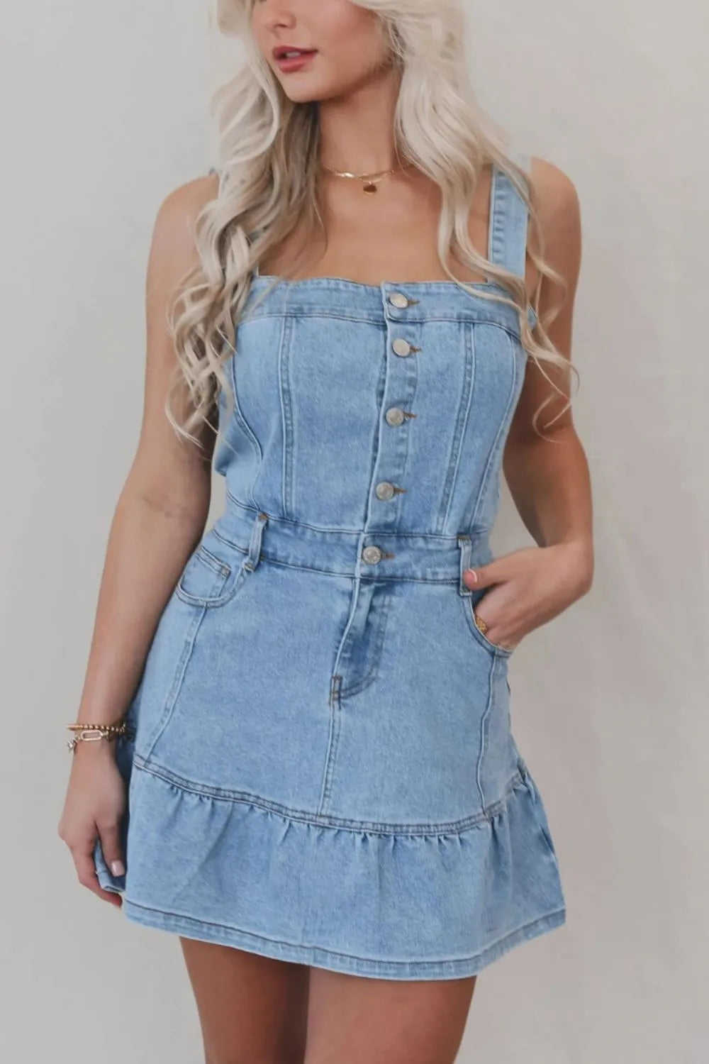 Hem Button Front Square Neck Denim Dress -