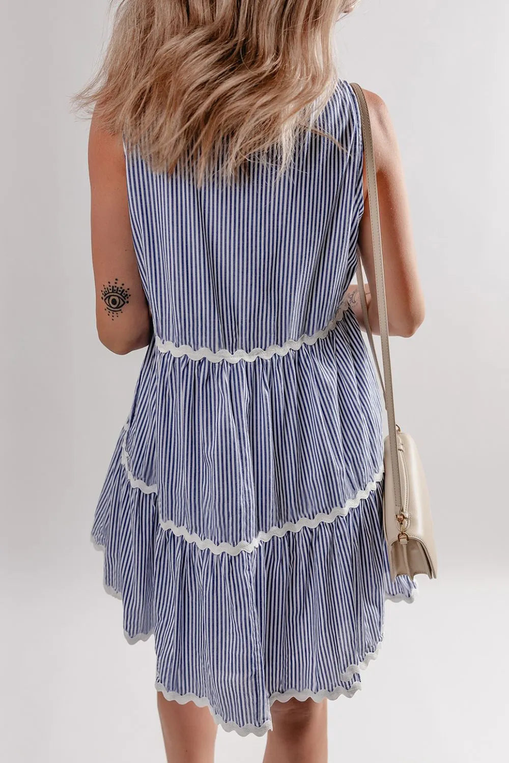 Stripe Sleeveless Notched Ric Rac Mini Dress -