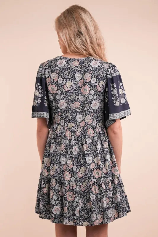Shirring Detail Printed Woven Mini Dress -