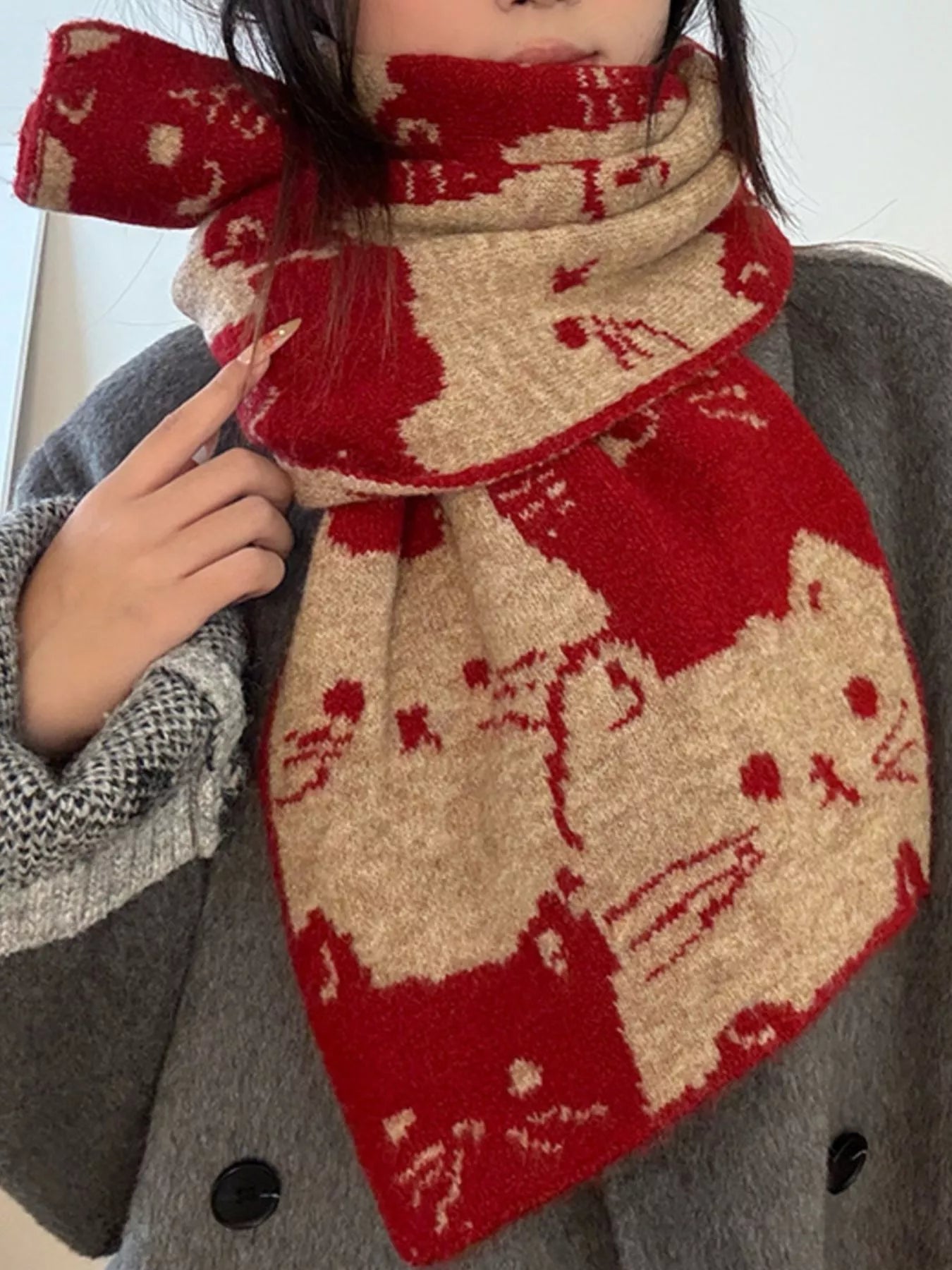 Cute Cat Pattern Knitted Scarf -