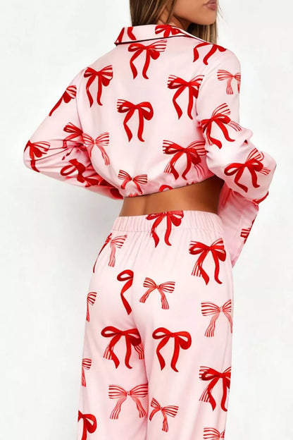Bow Print Top and Wide Leg Pants Lounge Set -