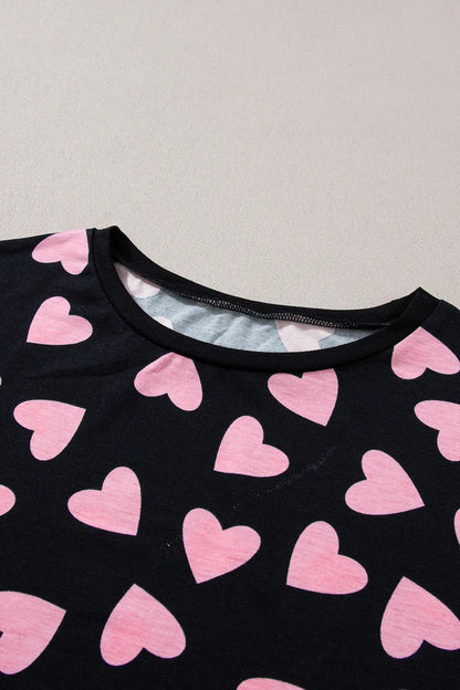 Heart Print Long Sleeve Top and Shorts Lounge Set -