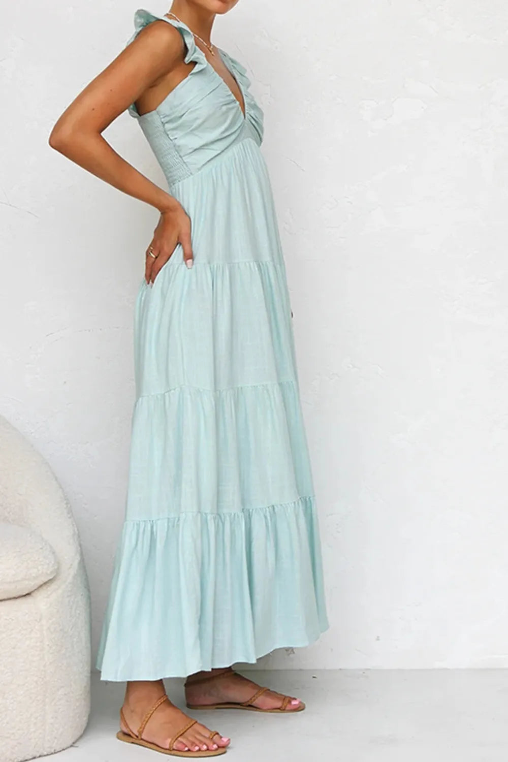Ruffled V-Neck Tiered Dress -