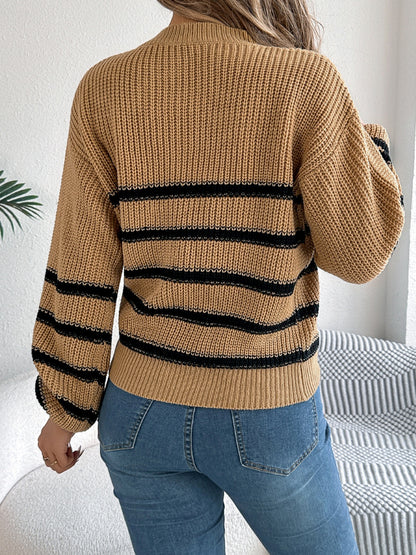 Striped Round Neck Long Sleeve Sweater - Caramel