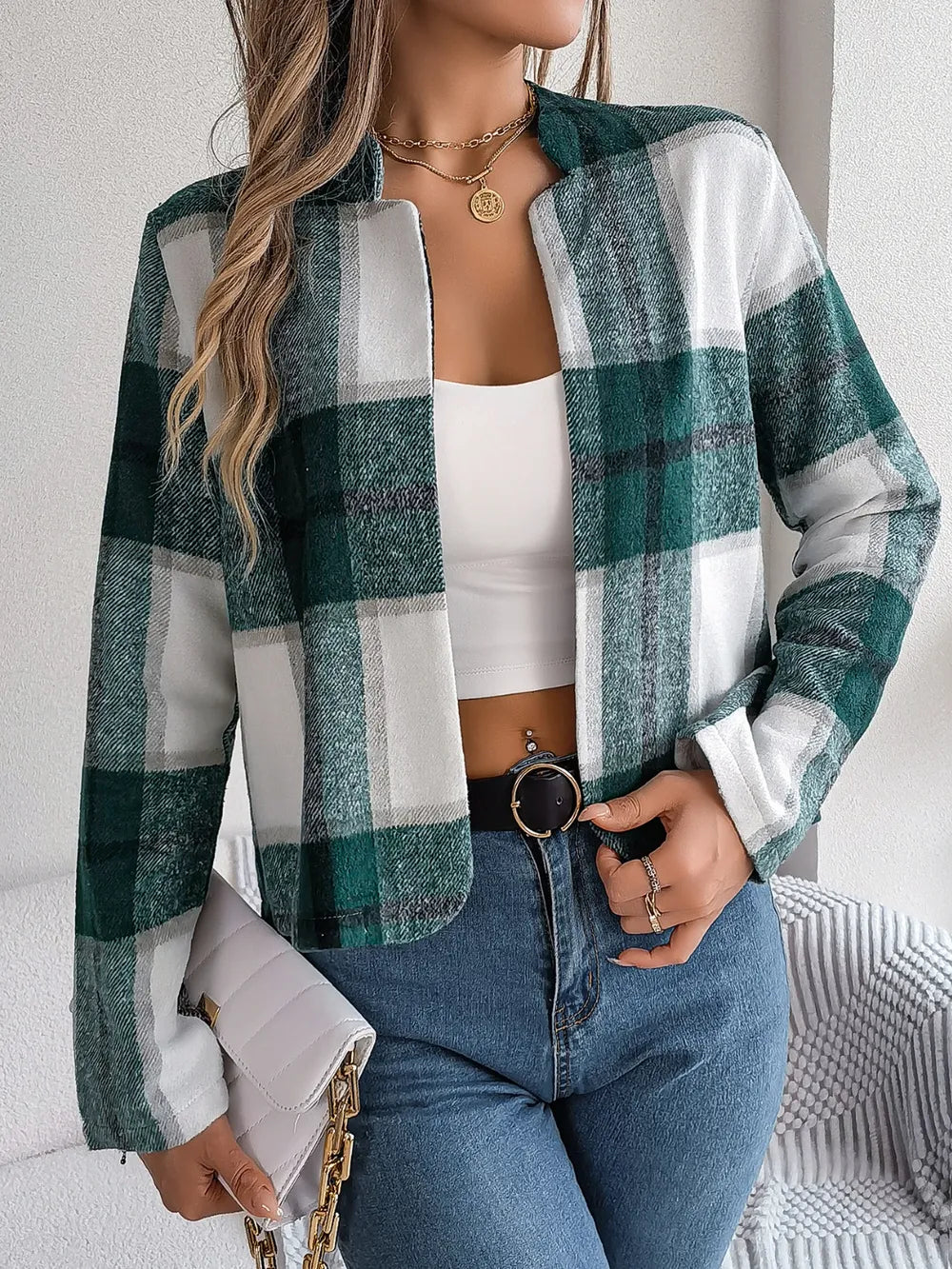 Plaid Open Front Long Sleeve Jacket -