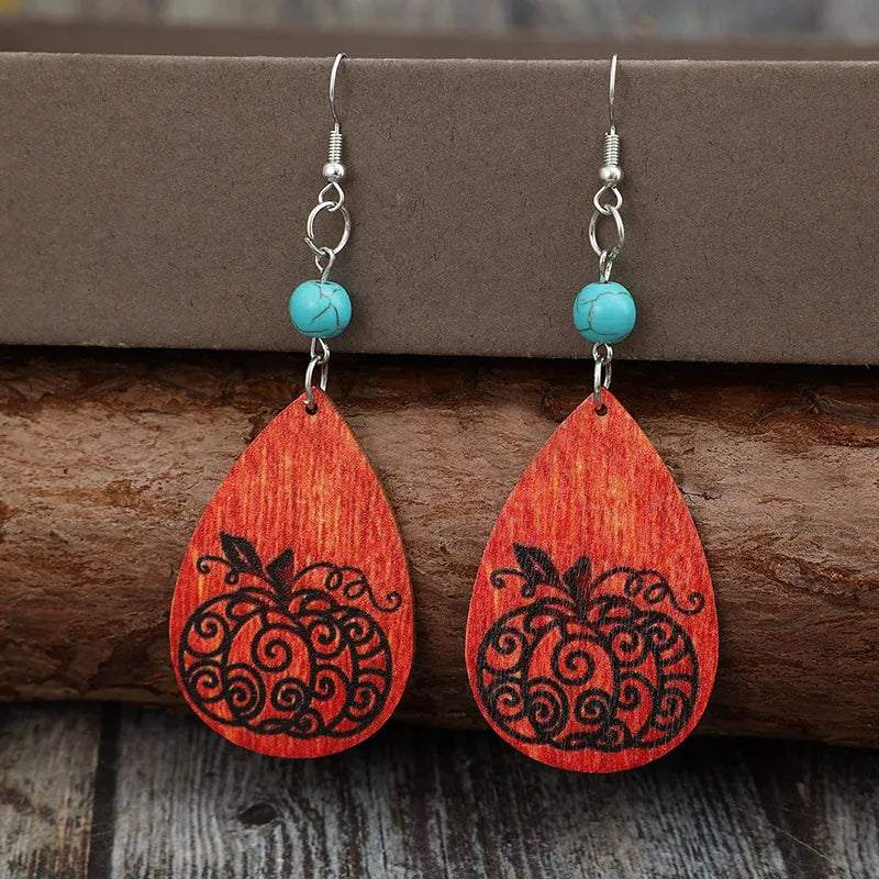 Turquoise Wooden Pumpkin Teardrop Earrings -