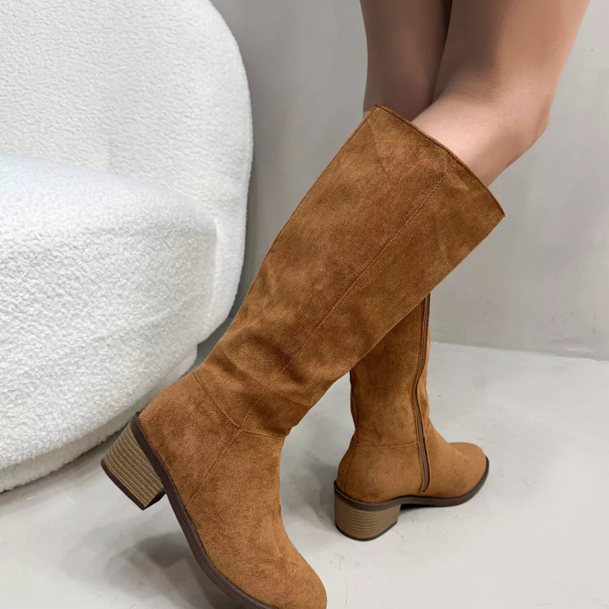 Side Zipper Closure Suede Knee-High Boots -