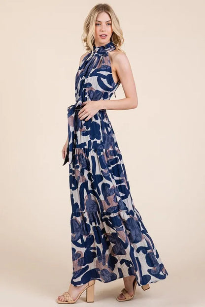 Abstract Halter Neck Tie-Waist Maxi Dress -