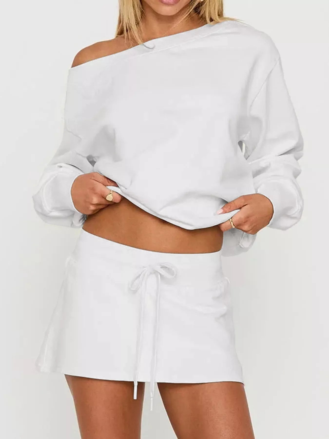 Boat Neck Sweatshirt and Mini Skirt Set -