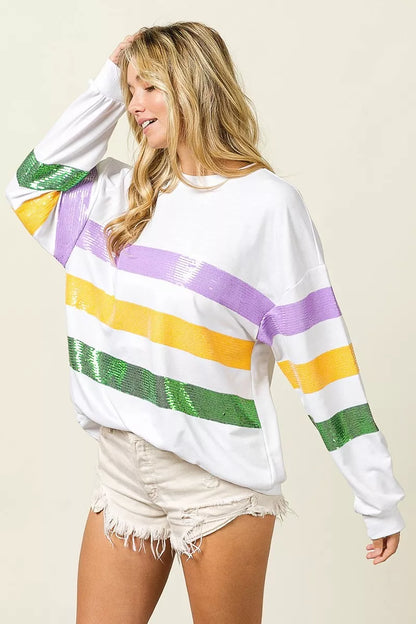 Sequin Mardi Gras Striped Round Neck Sweatshirt -