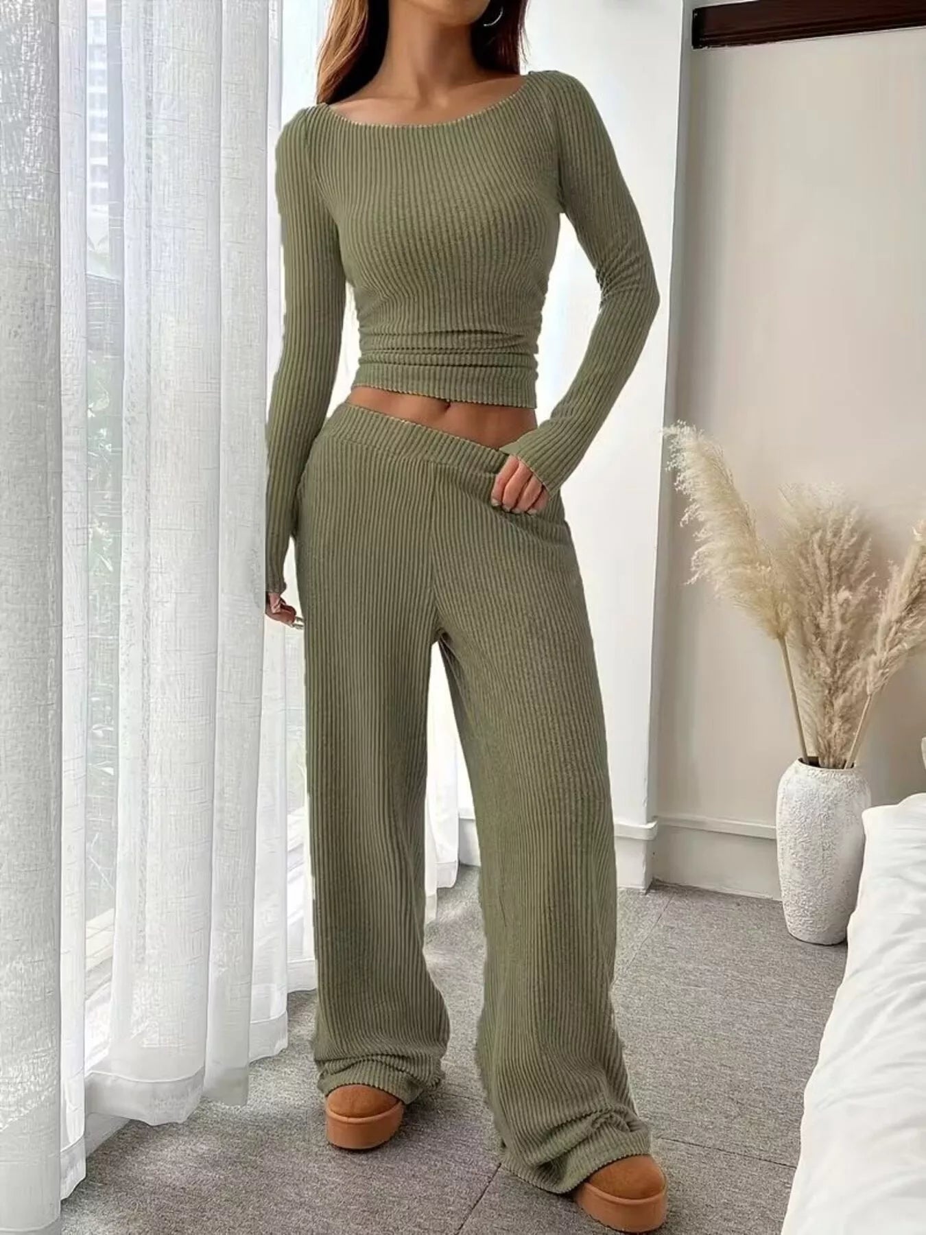 Ribbed Knit Boat Neck Top and Pants Set -