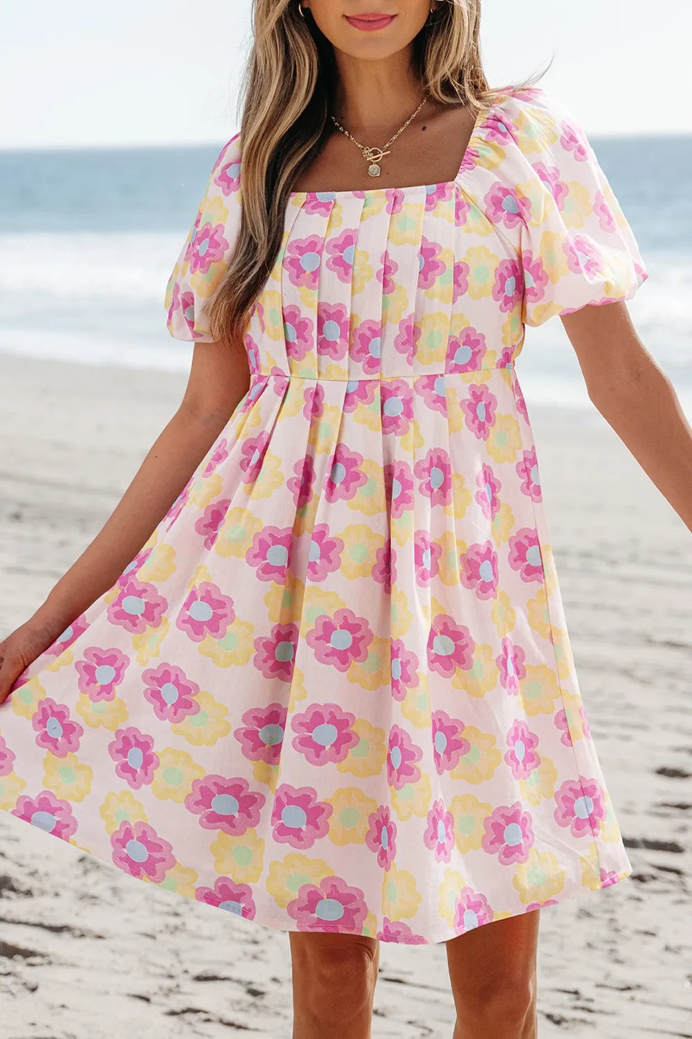 Floral Square Neck Puff Sleeve Flared Dress - Dusty Pink