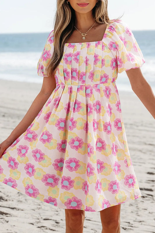 Floral Square Neck Puff Sleeve Flared Dress - Dusty Pink