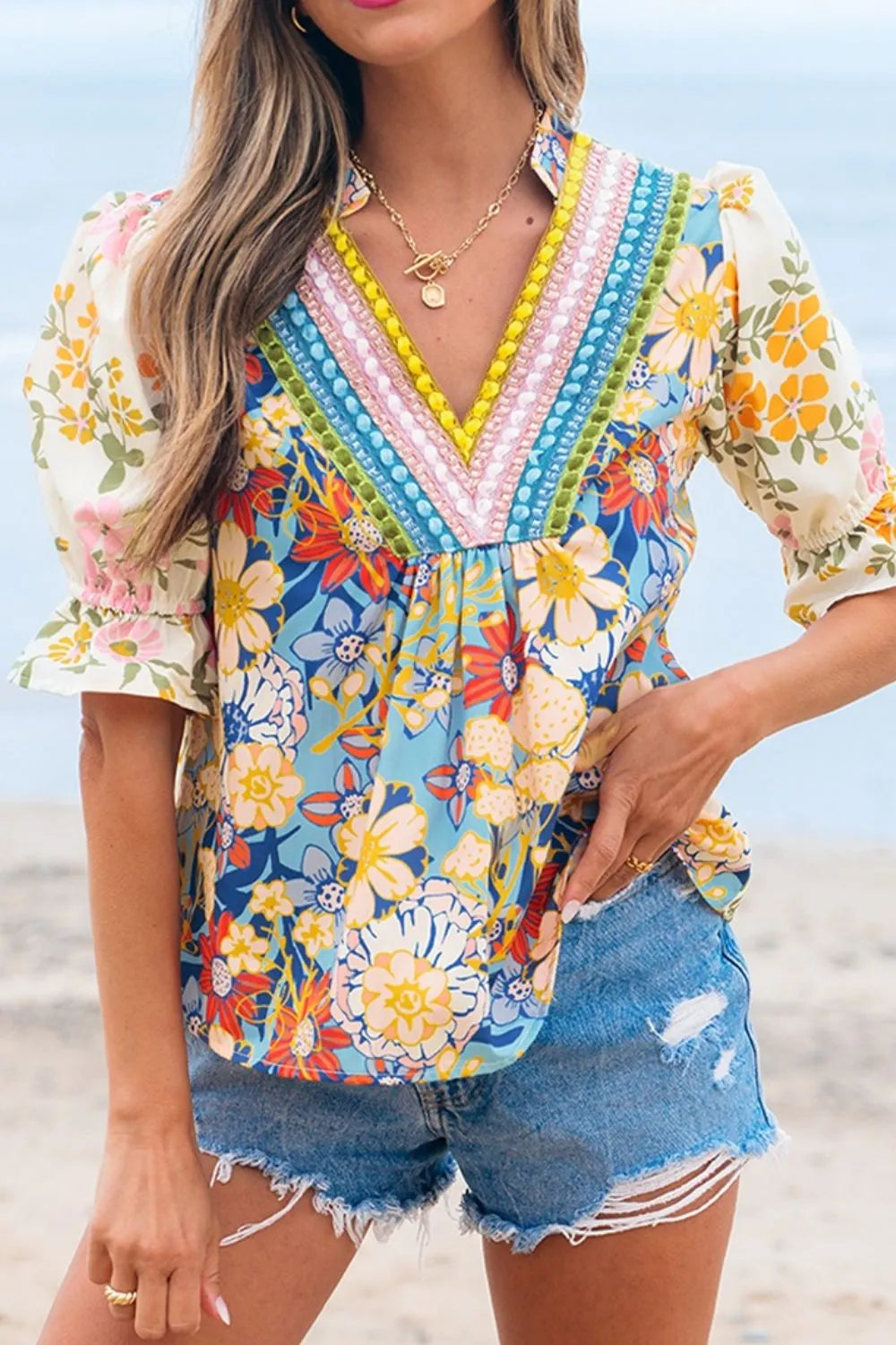 Crochet V-Neck Boho Floral Blouse - Multicolor