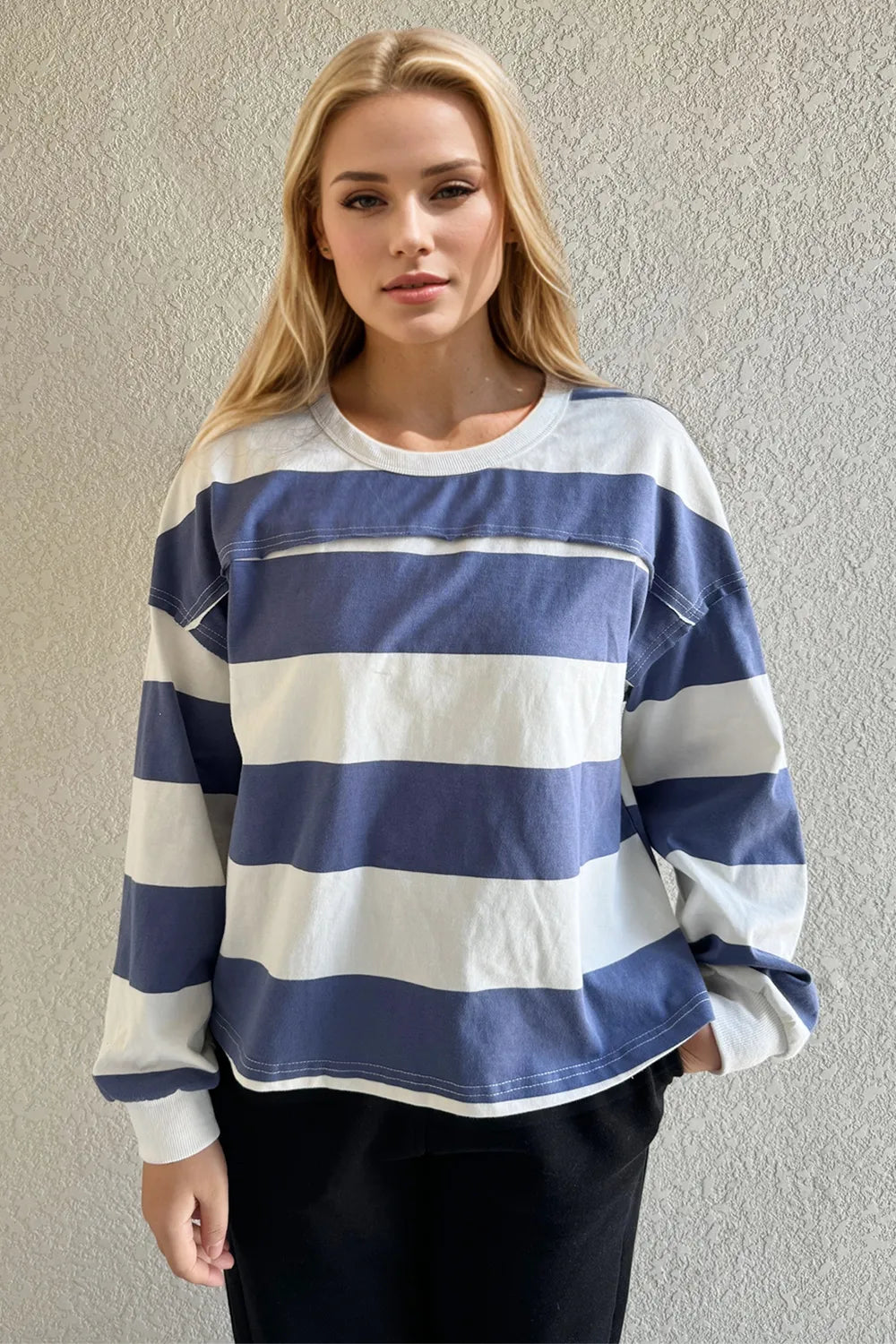 Exposed Seam Contrast Striped Round Neck T-Shirt -