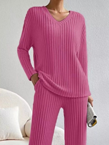 Ribbed Knit V-Neck Top and Pants Set -