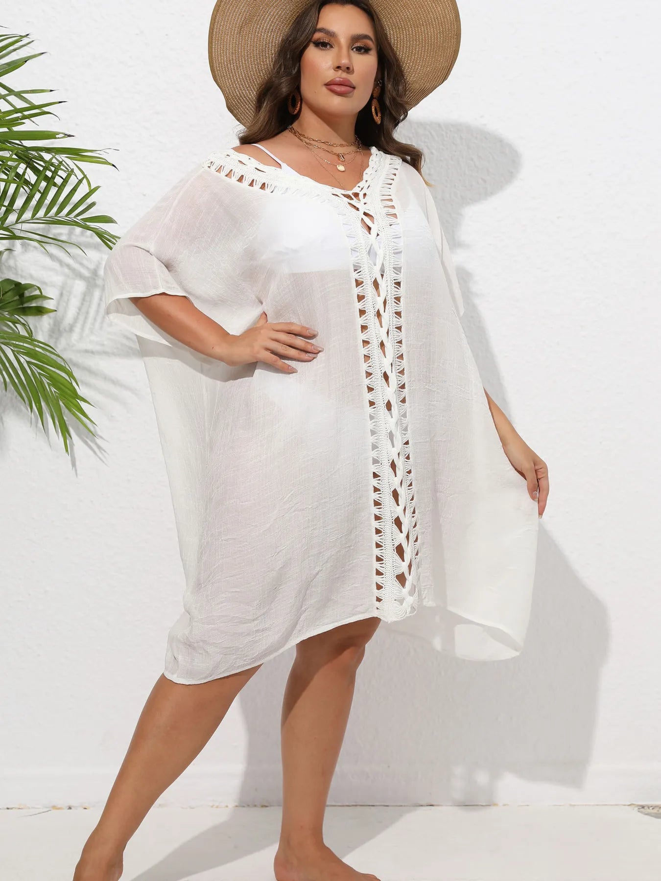 Crochet Trim V-Neck Beach Cover-Up Dress -
