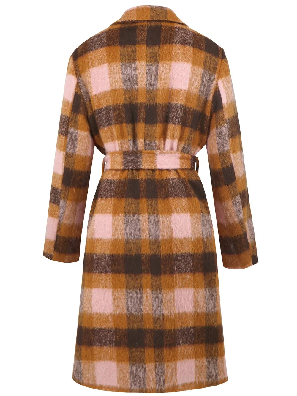 Tied Plaid Collared Neck Coat - Watermelon Pink