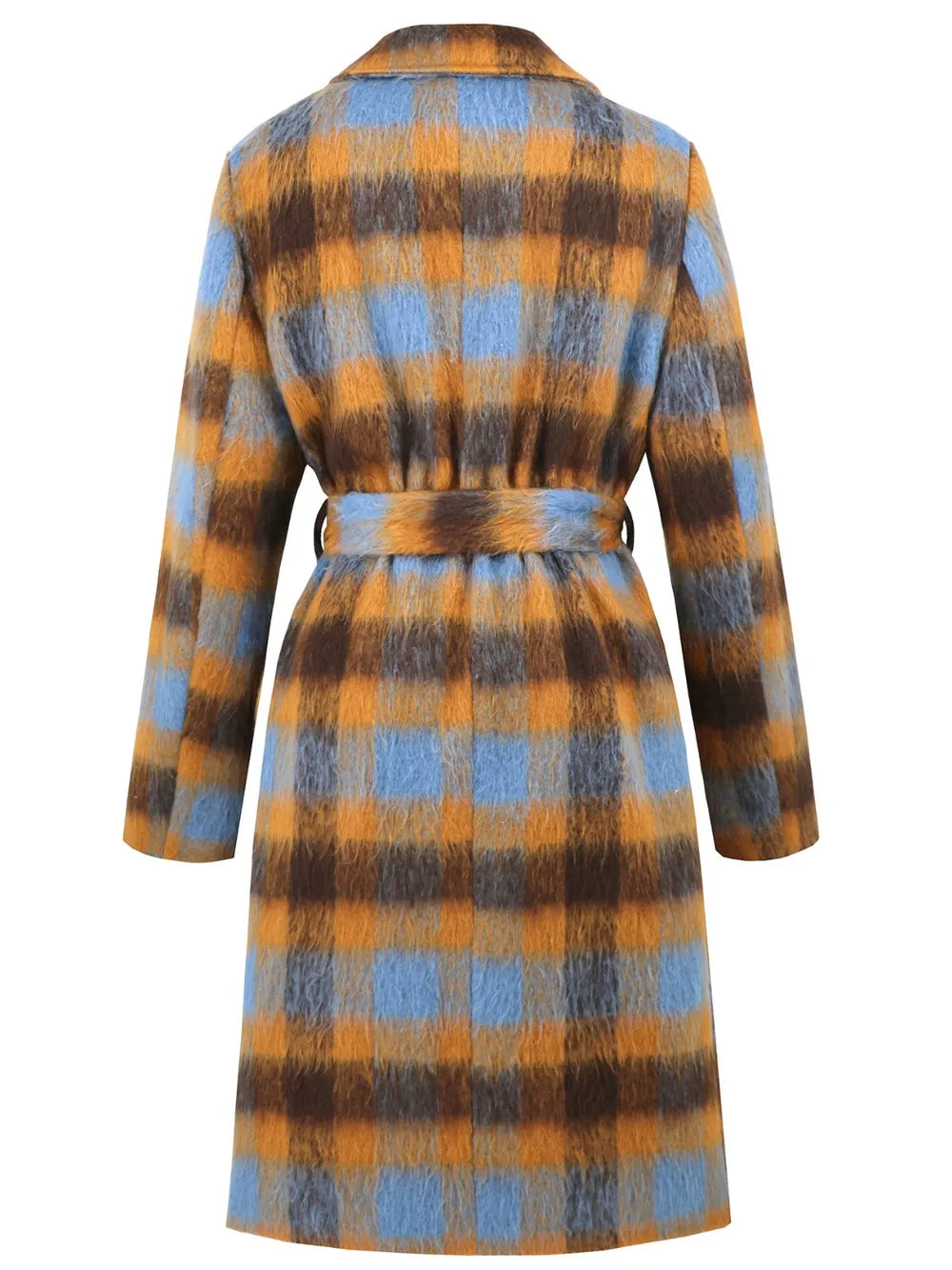 Tied Plaid Collared Neck Coat - Light Blue