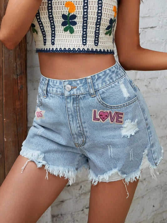 LOVE Distressed Raw Hem Denim Shorts - Light Wash