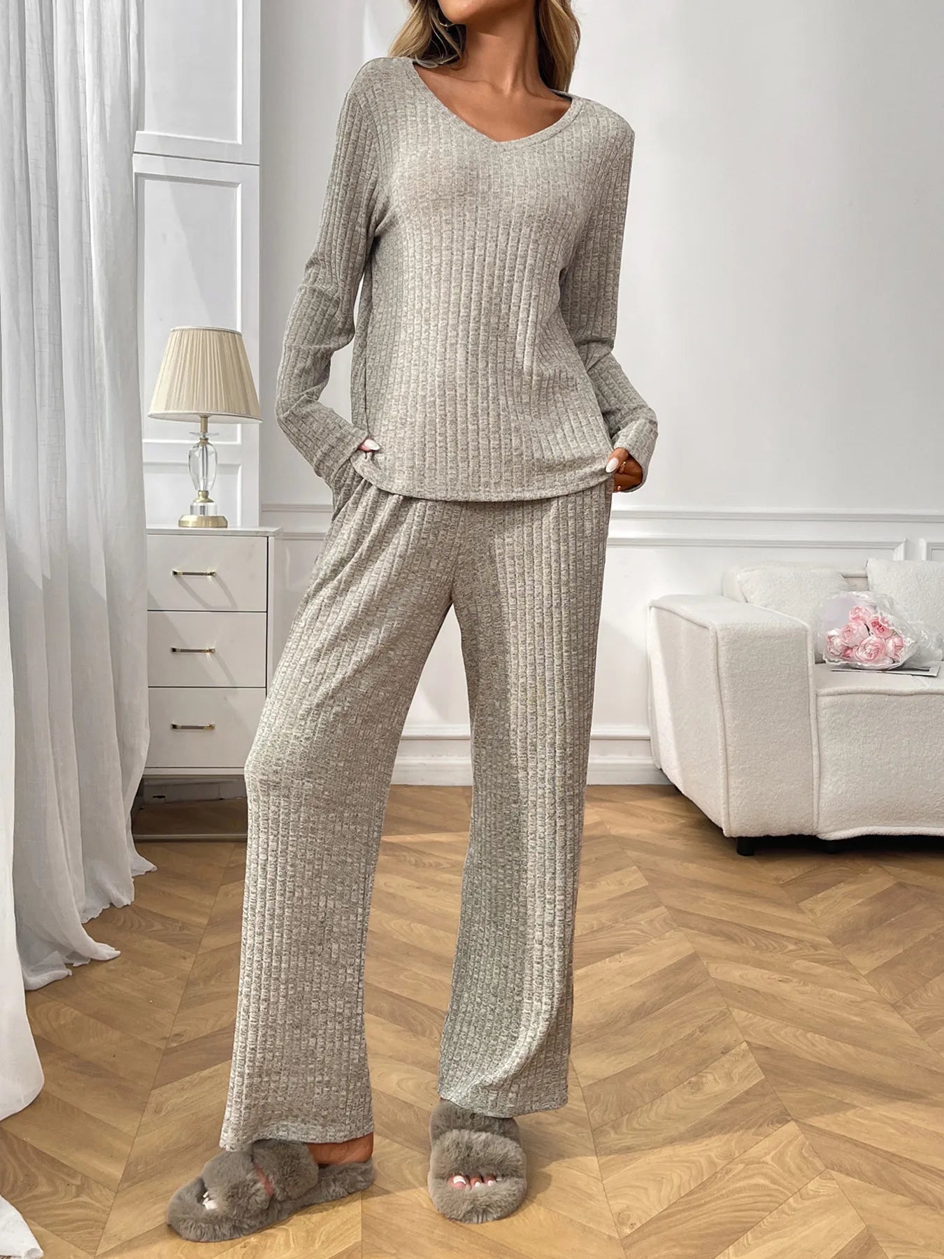 Ribbed Long Sleeve Top and Pants Lounge Set -