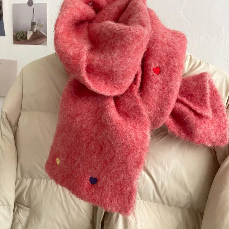 Heart-Embellished Fuzzy Knit Scarf - Watermelon Red One Size