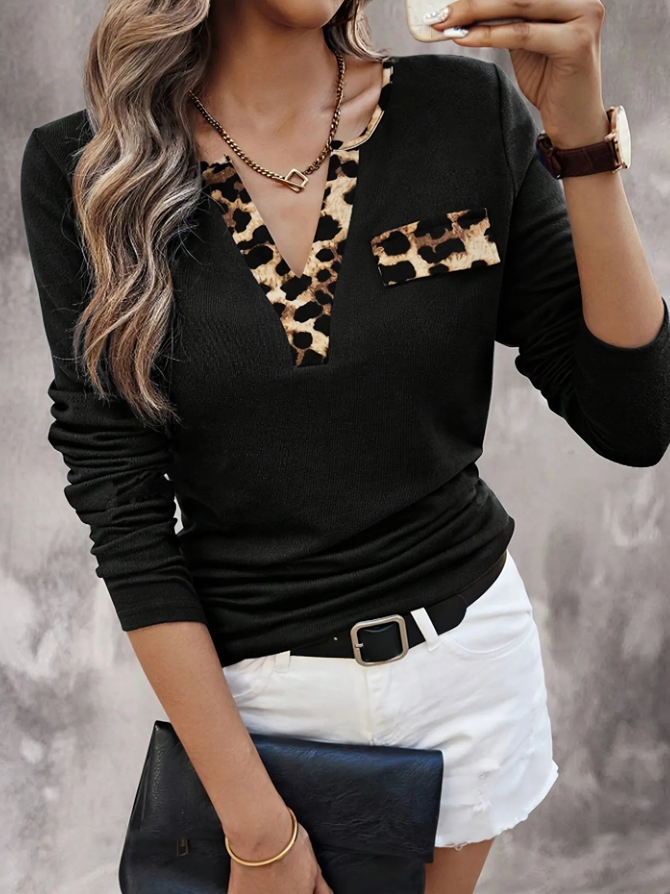 Leopard Trim Long Sleeve T-Shirt -