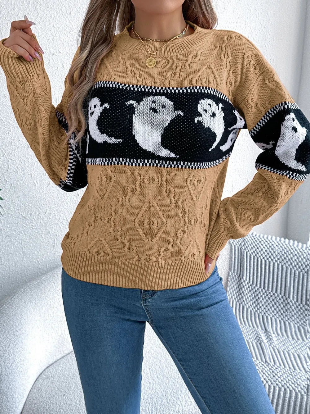 Ghost Round Neck Long Sleeve Sweater - Camel