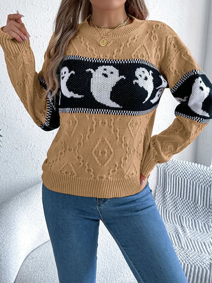 Ghost Round Neck Long Sleeve Sweater - Camel