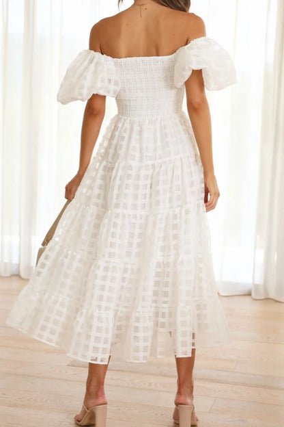 Off Shoulder Short Puff Sleeve Midi Dress -
