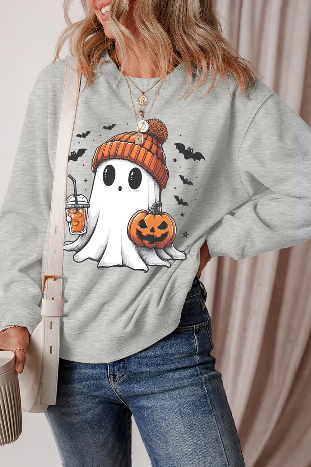 Ghost Round Neck Long Sleeve Sweatshirt - Gray