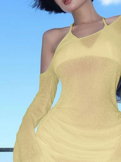One-Shoulder Bell Sleeve Ruched Mini Cover-Up Dress -