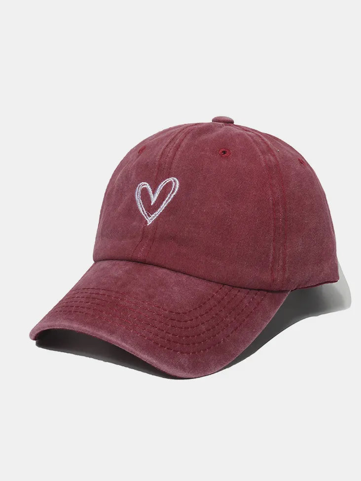 Embroidered Heart Washed Cotton Baseball Cap - Burgundy One Size
