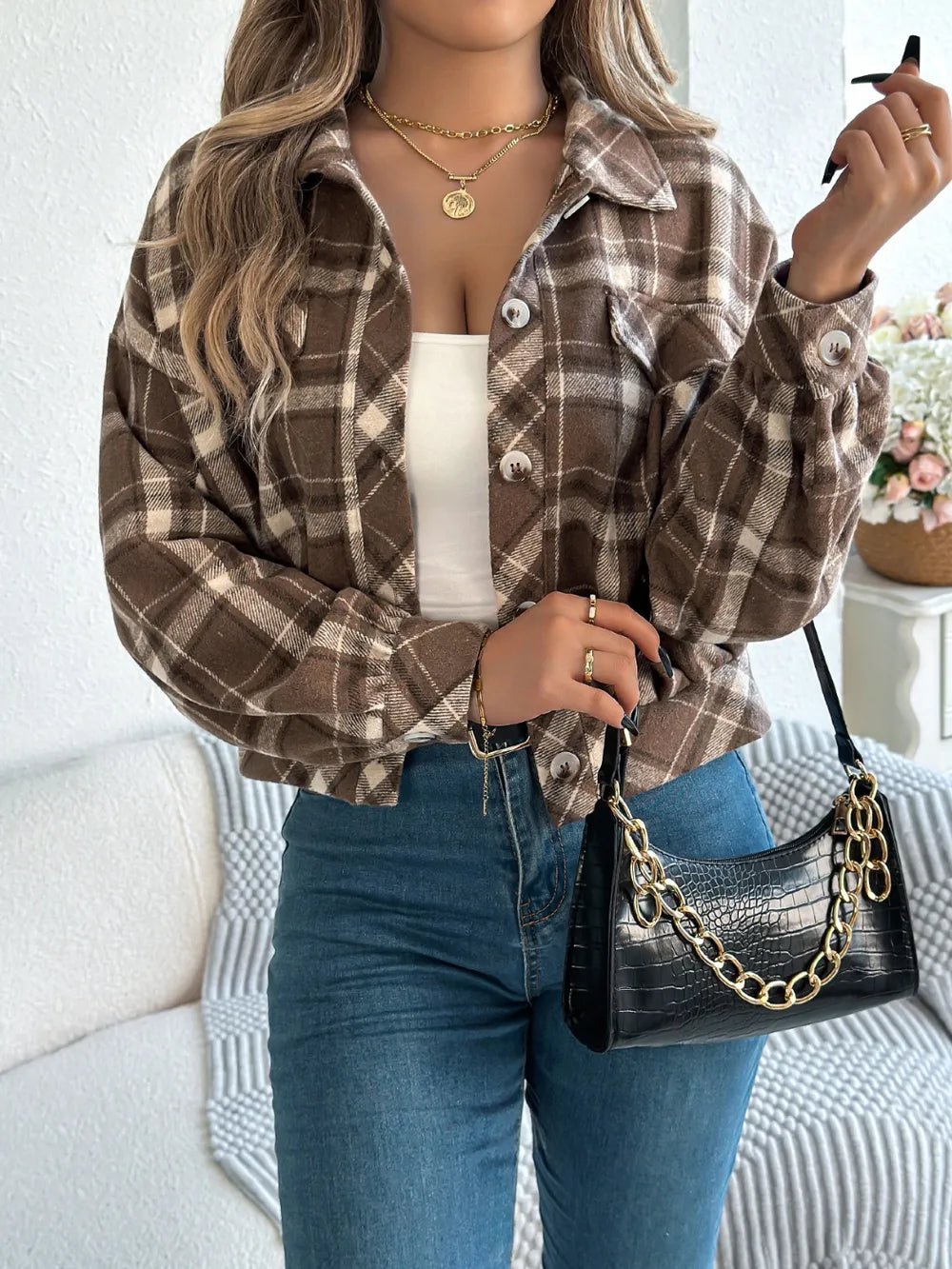 Plaid Button Up Long Sleeve Jacket - Taupe