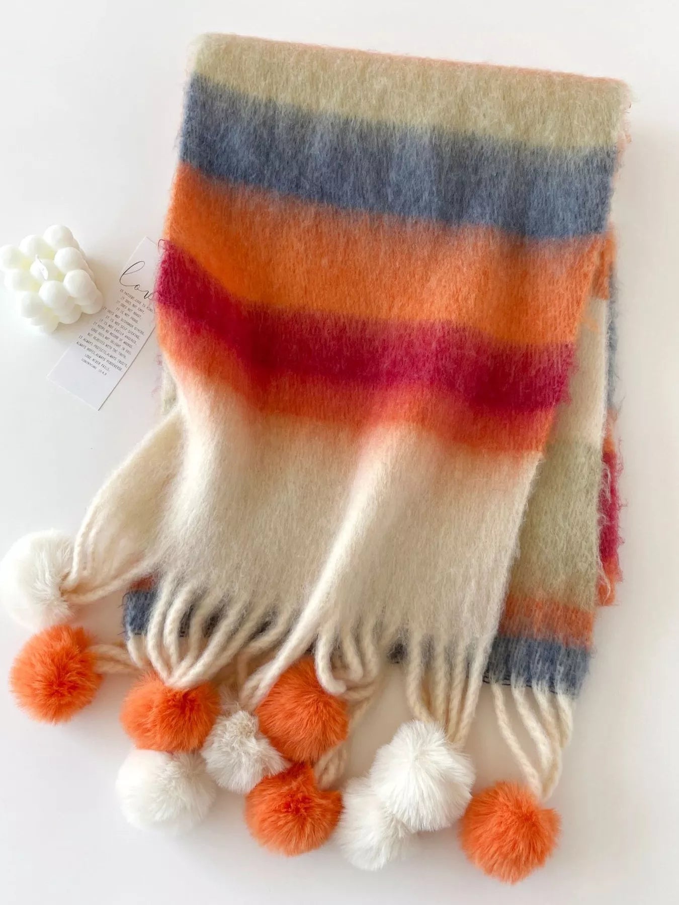 Rainbow Striped Fuzzy Scarf - Orange One Size