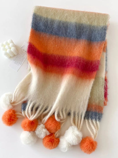 Rainbow Striped Fuzzy Scarf - Orange One Size