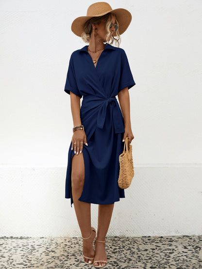 Tied Slit Short Sleeve Dress | AdoreStarr