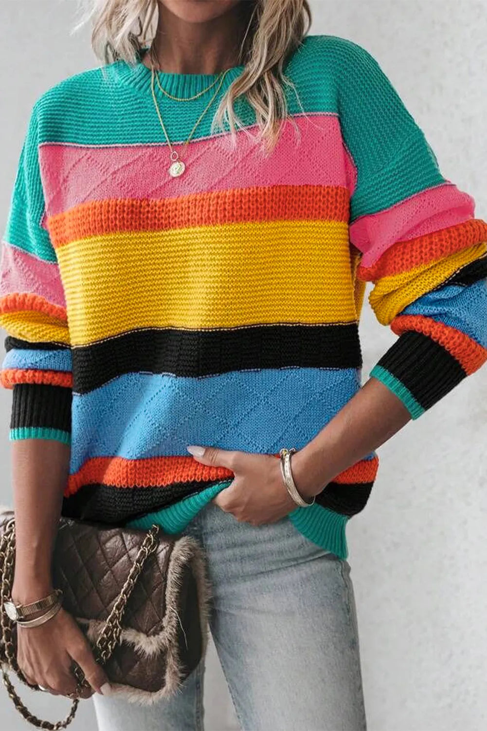 Contrast Round Neck Dropped Shoulder Sweater - Turquoise